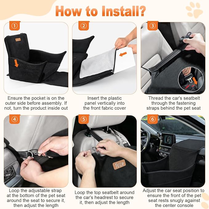 Elevated Dog Car Seat, Dog Booster Car Seats for Small & Medium Breeds Up to 35lbs, Fully Detachable and Washable, Memory Foam Pet Carseat with 2 Storage Pockets & 3 Safety Belts, Black