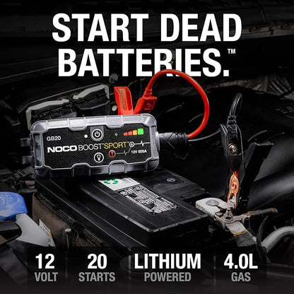 NOCO Boost GB20: 500A UltraSafe Jump Starter – 12V Lithium Battery Booster Pack, Portable Jump Box, Power Bank & Jumper Cables - for 4.0L Gas Engines