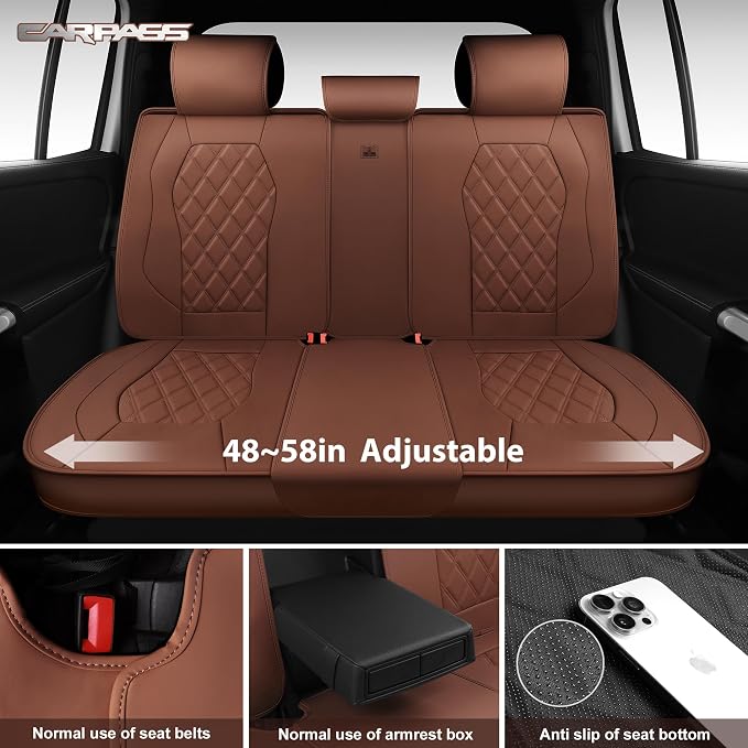 CAR PASS Luxury Nappa Leather Seat Covers Full Set, 3D Rhombus Waterproof Faux Leather Seat Covers, Universal Automotive Seat Cushion Fit for Most Sedan SUV Truck Van, Armrest Airbag Compatible Brown