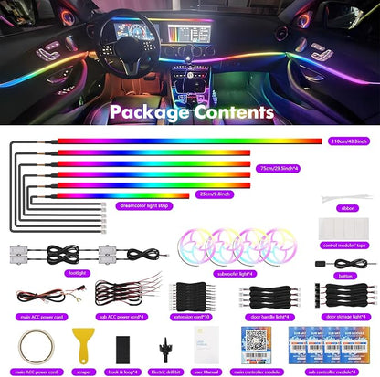 Dreamcolor Acrylic Car Interior Lights 22 in 1 RGB LED Strip Lights APP Control Zoned Control System 252 Color Modes DIY Fiber Optic Ambient Lighting Kits Music Car Neon Light Kits New Version