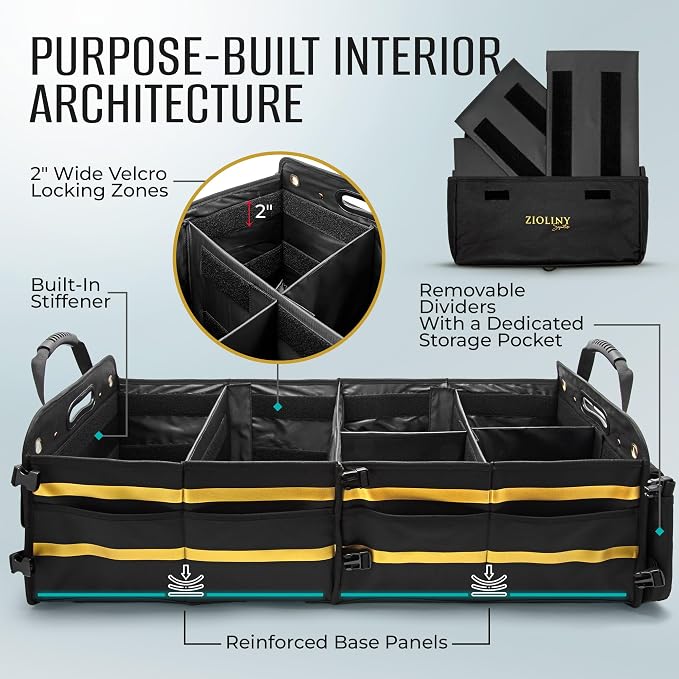 Zioliny Car Trunk Organizer for SUV Large Trunk Storage with Removable Dividers, Heavy Duty Oxford Cargo Holder, Non-Slip Base, Collapsible Storage Box for SUV, Sedan, Truck