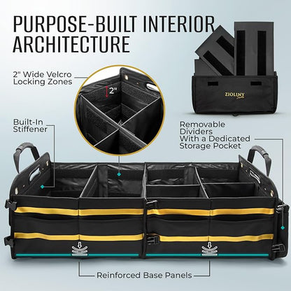 Zioliny Car Trunk Organizer for SUV Large Trunk Storage with Removable Dividers, Heavy Duty Oxford Cargo Holder, Non-Slip Base, Collapsible Storage Box for SUV, Sedan, Truck