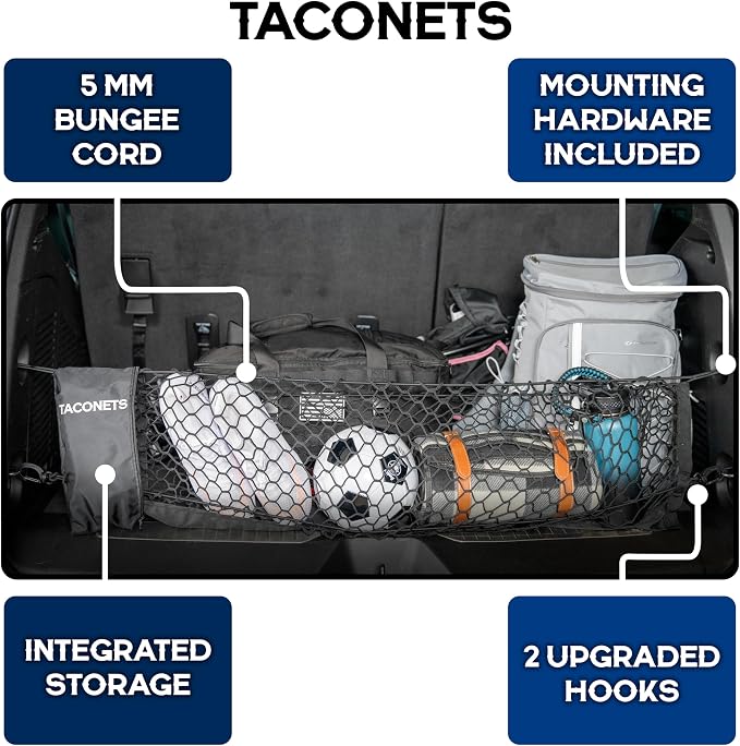 TacoNets Envelope Cargo Net for Suburban | Tahoe | Yukon/XL | Escalade/ESV - Fits 2015-Current - Upgraded 5mm Bungee - Integrated Storage Bag - Heavy Duty Hooks - Designed in USA