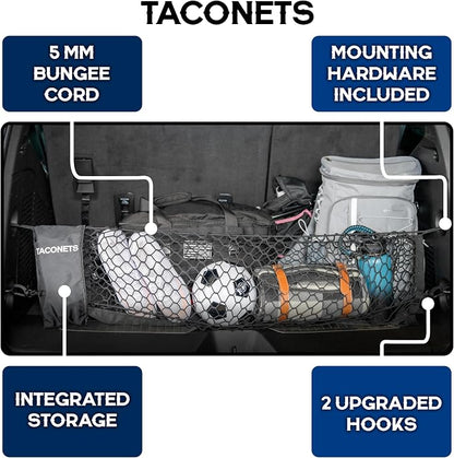 TacoNets Envelope Cargo Net for Suburban | Tahoe | Yukon/XL | Escalade/ESV - Fits 2015-Current - Upgraded 5mm Bungee - Integrated Storage Bag - Heavy Duty Hooks - Designed in USA
