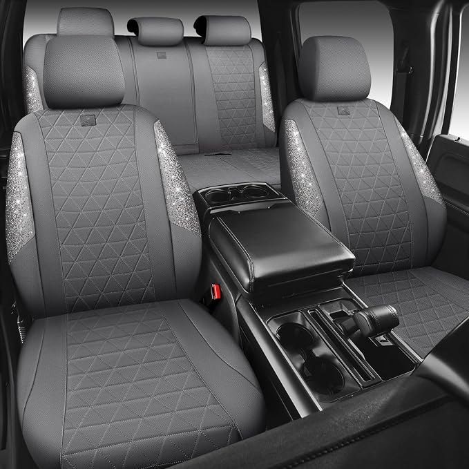 CAR PASS Gray Oxford Bling Diamond Car Seat Covers Full Set Interior Sets, Waterproof Shining Glitter Sparkly Crystal Universal Armrest Fit 95% Automotive Truck SUV Cute Women Girl, Gray Rhinestone