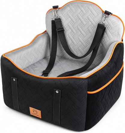 GINMIC Dog Car Seats for Small Medium Dogs up to 35 lbs – Dog Booster Car Seat with 5.3-Inch Memory Foam, Dual Safety Leashes, Detachable Washable Cover & Storage Pockets, Soft Travel Dogs Bed (Black)