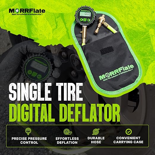 MORRFlate Single Tire Deflator | Rapid Air Deflator with 1-150 PSI Digital Gauge | Includes Purge Valve, 16 Inch Hose, and Rip Away Molle Panel Carrying Case