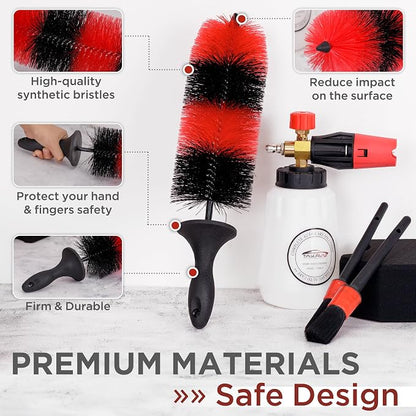 (Upgraded) TAKAVU Premium Wheel & Tire Brush, Long Bristle Detailing Brush for Effortless Rim & Tire Cleaning, Non-Slip Handle, Built-in Knuckle Guard, Deep Reach for Brake Dust & Dirt Removal (Red)