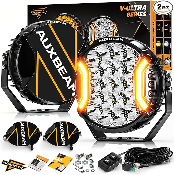 Auxbeam 9 Inch 300W LED Pod Lights, V-Ultra Series Round Spotlights with Amber DRL & 270° Side Shooter, 35600LM Universal Off-Road Driving Lights with DT Harness & Protective Covers, Pair
