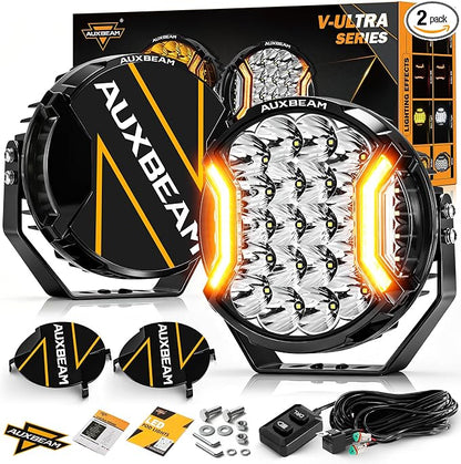 Auxbeam 9 Inch 300W LED Pod Lights, V-Ultra Series Round Spotlights with Amber DRL & 270° Side Shooter, 35600LM Universal Off-Road Driving Lights with DT Harness & Protective Covers, Pair