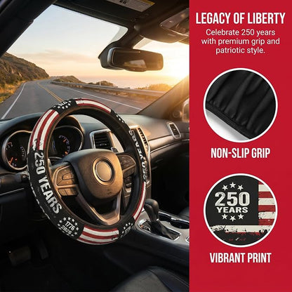 Anniversary American Flag Steering Wheel Cover 14-15 Inch +2Pc Car Coasters | Universal Anti-Slip Breathable for Men Women | Patriotic Car Accessories USA Flag Auto Interior Decor Gift