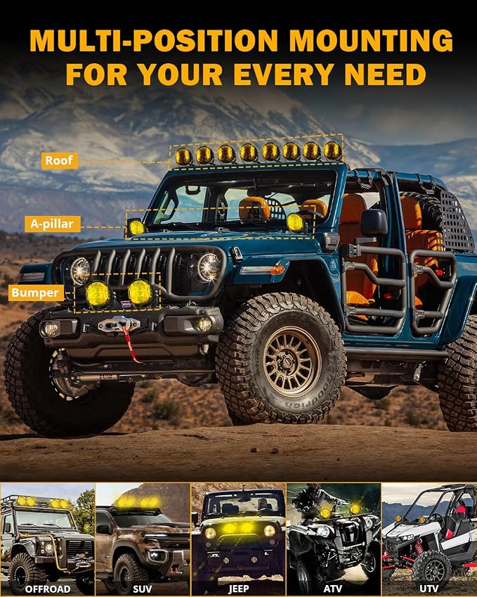 Auxbeam V-Ultra Series LED Round Light Pods, 5 Inch 172W Offroad Driving Side Shooter Light with Amber DRL, 270° Wide Range 20400LM Yellow/Amber Hyper Spot Beam Ditch Lights with Black Cover