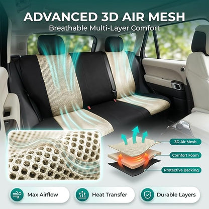 FH Group Automotive Rear Car Seat Covers for SUV, Trucks, Sedan and More - Universal Fit Rear Solid Bench Design Interior Accessories - 3D Mesh Fabric Center Panel - Beige