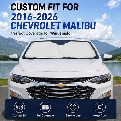 Custom Fit Windshield Sun Shade for Chevy Chevrolet Malibu 2016-2026 | Custom Fit Windshield Cover, Blocks UV Rays, Double-Layer Heat Shield, Durable Frame, Easy Fold & Storage