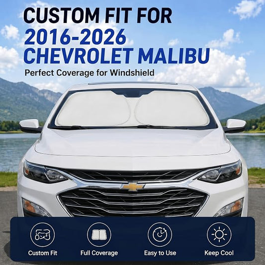 Custom Fit Windshield Sun Shade for Chevy Chevrolet Malibu 2016-2026 | Custom Fit Windshield Cover, Blocks UV Rays, Double-Layer Heat Shield, Durable Frame, Easy Fold & Storage