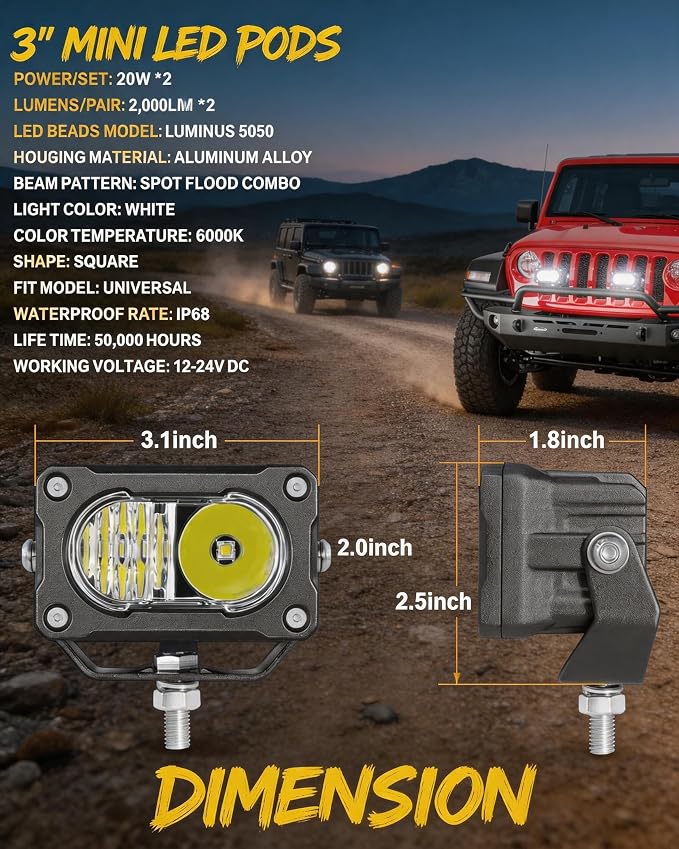2PCS 3 Inch LED Pod Lights 40W Small Surron Driving Lights | Combo Beam Off Road 4x4 Ditch Lights with DT Wiring Harness Kit Work Light Cube Bumper Lights Fog Light for Truck Motorcycle