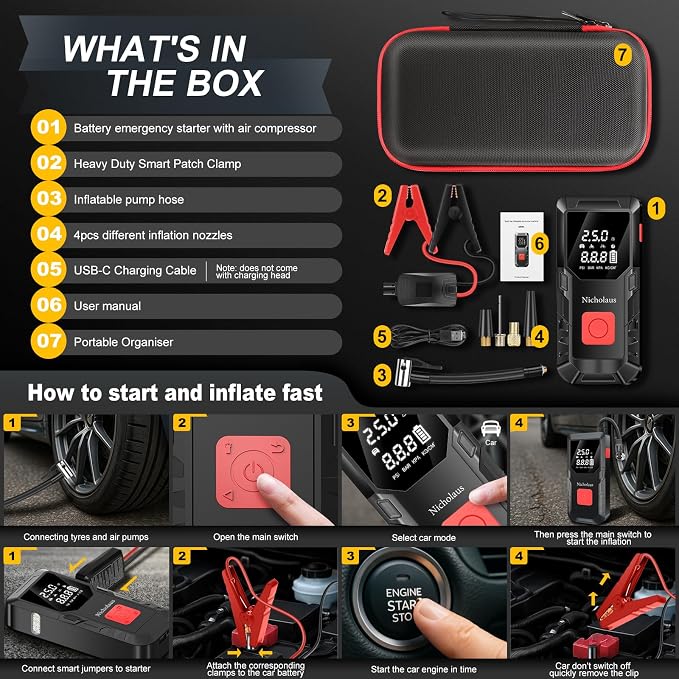 12 V Car 8000 mAh Battery Jump Starter 2800A with 150psI Air Compressor, Compact and Practical Edition QB08L Safe Smart, Portable Jump Box and Charger for 6.0L Gas and 3.0L Diesel Engines.