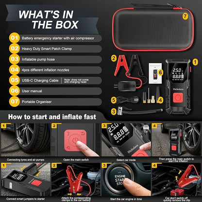 12 V Car 8000 mAh Battery Jump Starter 2800A with 150psI Air Compressor, Compact and Practical Edition QB08L Safe Smart, Portable Jump Box and Charger for 6.0L Gas and 3.0L Diesel Engines.