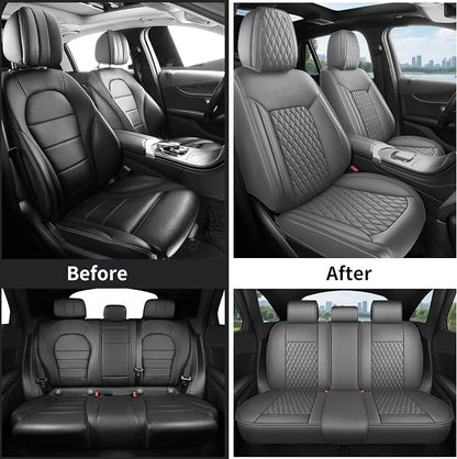 Gray Leather Car Seat Covers Full Set,High-Density Contoured Nappa Leather Universal Precision Fit Seat Cover Solutions,Waterproof Automotive Seat Covers & Accessories,Style1 Gray