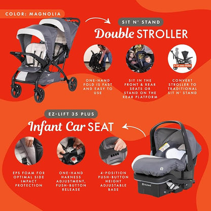 Baby Trend Sit N' Stand Double Stroller w/ 2 Pack EZ-Lift Plus Infant Car Seats, Magnolia - Lightweight Tandem and Travel Stroller with Carseat System for Toddlers