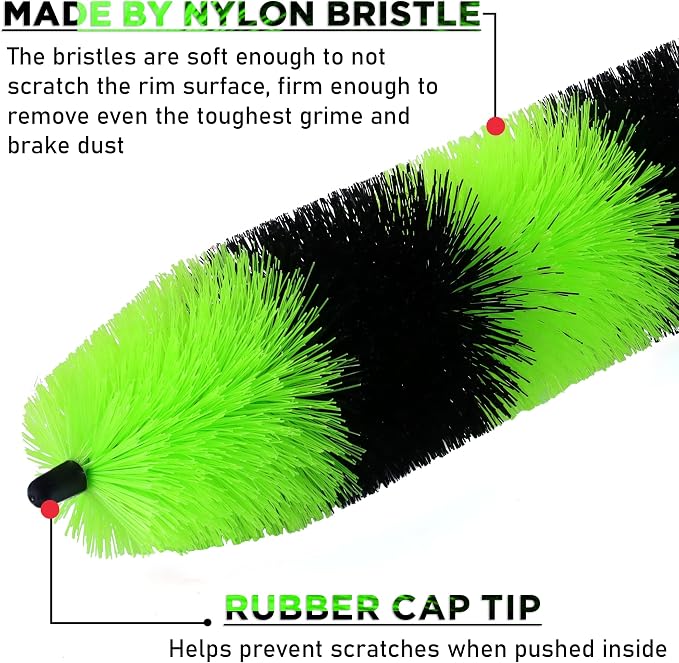 TAKAVU Master Wheel & Tire Brush, Easy Reach Rim Detailing Brush, Multipurpose Use for Wheels, Rims, Exhaust Tips, Motorcycles (Green)