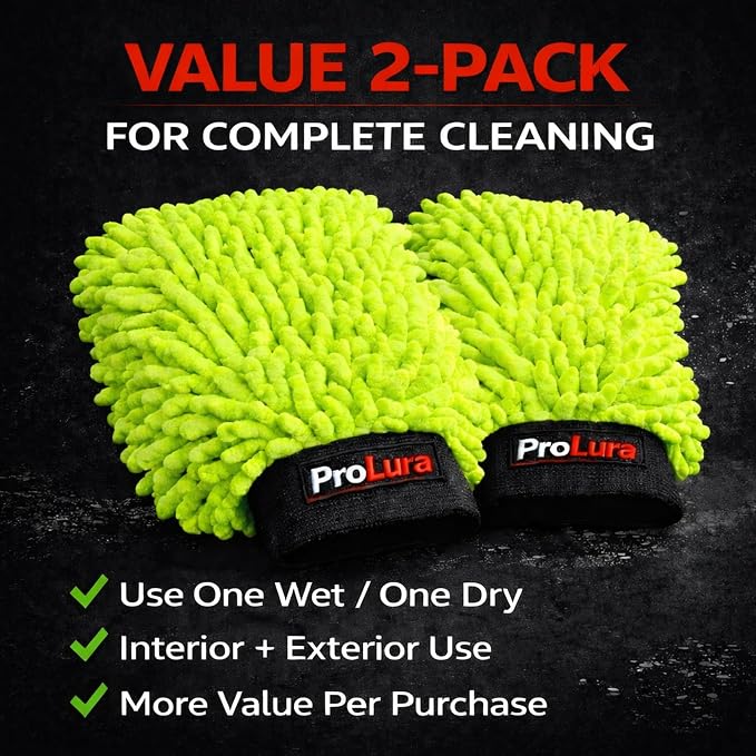 Microfiber Car Wash Mitt 2 Pack, Chenille Scratch-Free Wash Gloves, Ultra Soft, Highly Absorbent, 7.1” x 10.2”, Lint-Free, Reusable Auto Cleaning Mitt (Green)