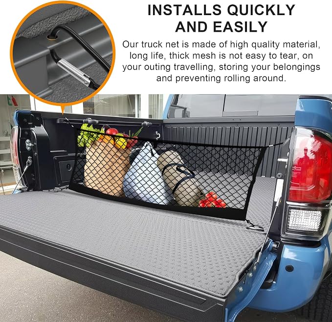 Truck Bed Cargo Net for Toyota Tacoma 2005-2024, Envelope Style Pickup Cargo Net with Storage Bag, Heavy Duty Elastic Mesh Organizer with Carabiners, Secures Groceries & Gear