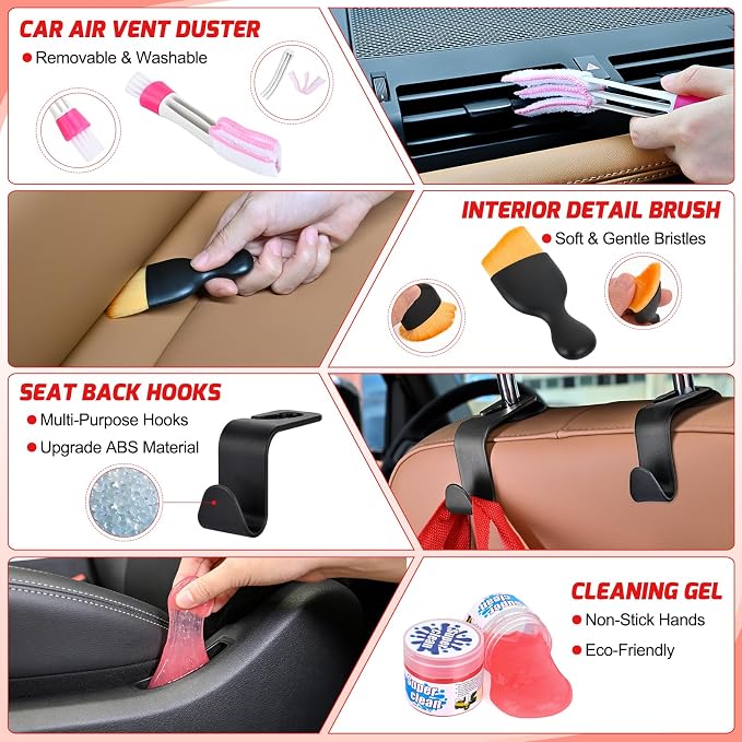 Nilight 52PCS Car Detailing Kit Auto Cleaning Tools Wash Set with Storage Carry Bag Home Use for Interior Exterior Deep Clean Polish Car Care Windshield Dashboard Seat Air Vents Wheels Tires, Red