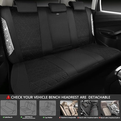 CAR PASS Oxford Bling Diamond Car Seat Covers Full Set Interior Sets, Waterproof Shining Glitter Sparkly Crystal Universal Armrest Fit 95% Automotive Truck SUV Cute Women Girl, Black Silver Rhinestone