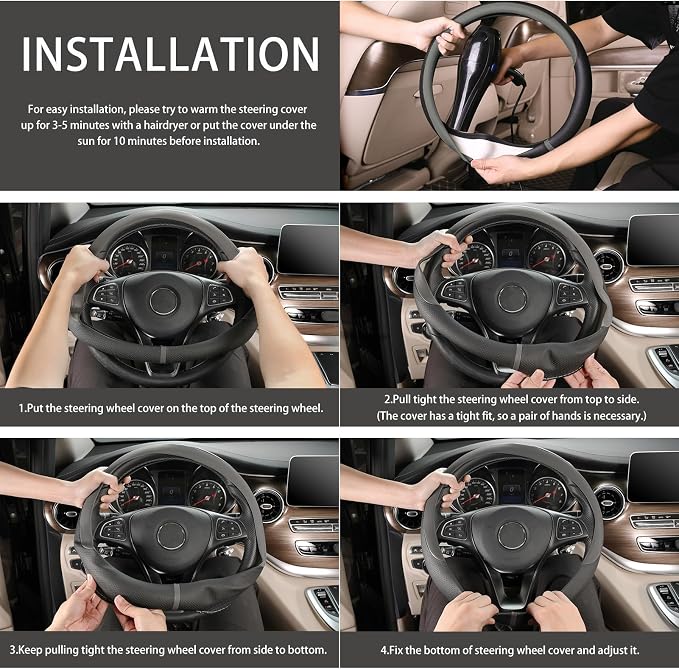 COFIT Breathable Steering Wheel Cover Microfiber Leather with Center Mark Design Universal Medium Size 14 1/2-15 Inch Gray and Black