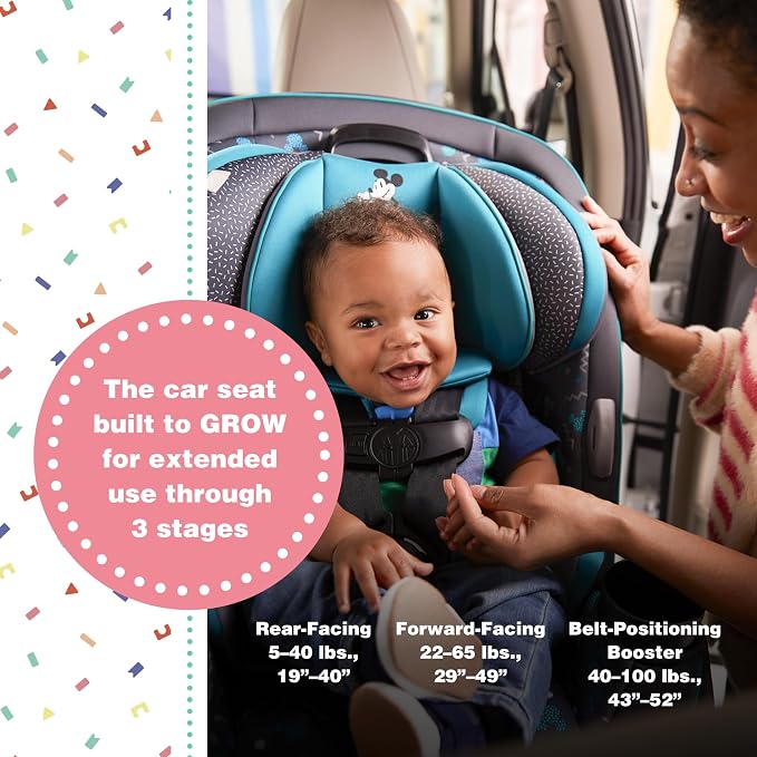 Disney Grow and Go Convertible Car Seat, Rear Facing 5-40 pounds, Forward Facing 30-65 pounds, Booster 40-100 lbs, Convert from Infant to Toddler, Mickey Sprinkle