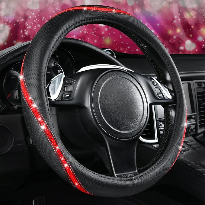 CAR PASS Bling Diamond Black Leather Steering Wheel Cover, Studded Crystal Rhinestones Universal Fit 14" 1/2-15" Glitter for Women Sparkle Girl Fit Suvs,Vans,Sedans,Car,Trucks, Red Diamond