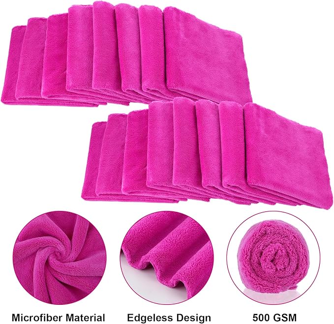 Shimeyao 30 Pcs 16 x 16 Inch Edgeless Microfiber Plush Towels for Cars Detailing Drying Wash Polishing Absorbent Cleaning Cloths, 500 GSM (Fuchsia)