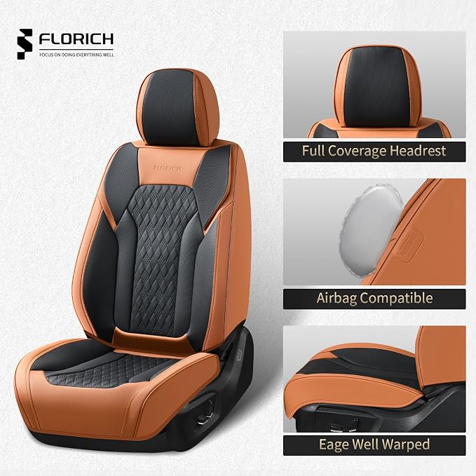 FLORICH Seat Covers, Car Seat Covers Full Set, Luxury Nappa Leather Seat Covers, Breathable and Waterproof Car Seat Protector 5 Seat, Automotive Seat Covers Universal Fit for Most Cars-Brown&Black