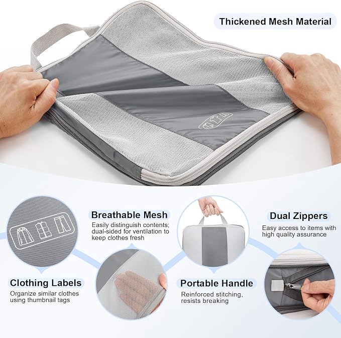 OlarHike 10-Pack Compression Packing Cubes for Travel Essentials,Compressible Expandable Packing Cubes for Suitcase,Luggage Garment Bags for Travel,Handy Helper for Organizing Clothes(Gray)