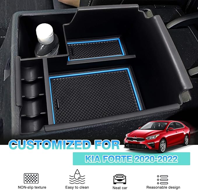 Autorder Center Console Organizer for 2019-2024 Kia Forte Accessories Armrest Storage Box Secondary Insert Tray with 2 Color Mats