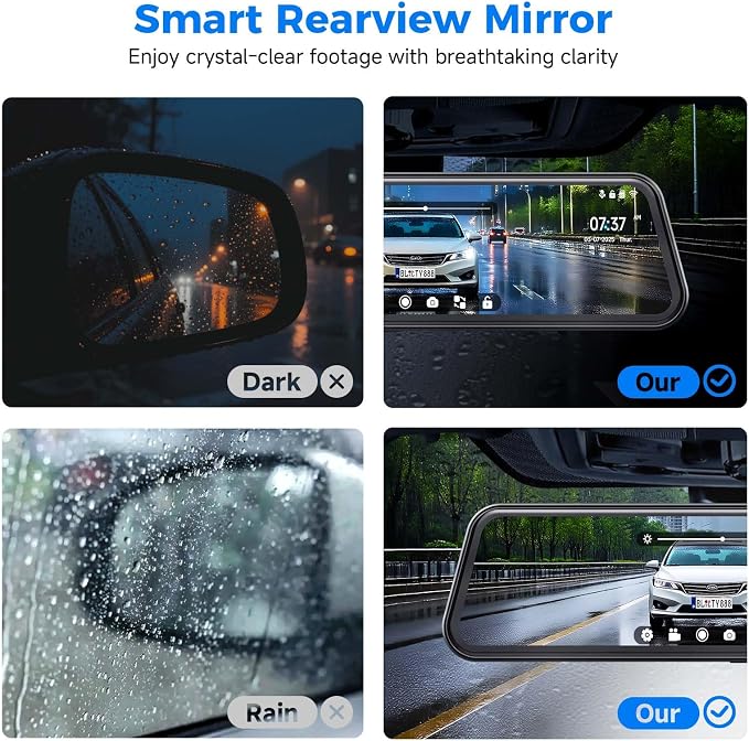 4K Mirror Dash Cam,Rear View Mirror Camera with WiFi,Dash Cam Front and Rear for Car,G-Sensor,7/24H Parking Mode,12" Touch Screen,Includes 64GB Card