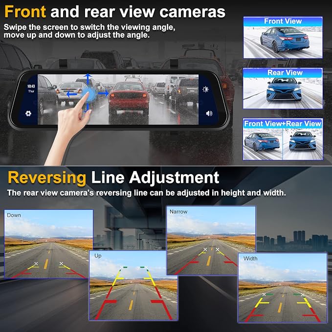 Mirror Dash Cam Front and Rear Camera with Apple Carplay/Android Auto 9.66 inch Mirror Backup Camera for Cars&Trucks Driving Recorder Voice Control 24-Hour Parking Monitoring Waterproof Night Vision