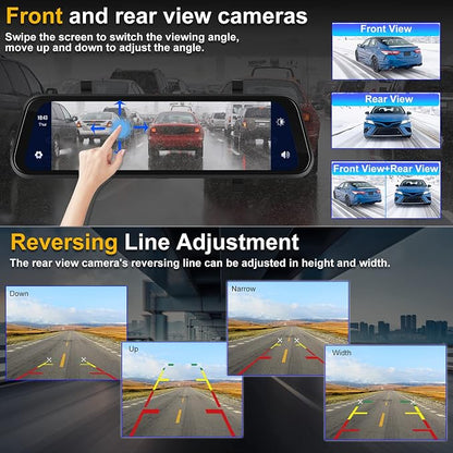 Mirror Dash Cam Front and Rear Camera with Apple Carplay/Android Auto 9.66 inch Mirror Backup Camera for Cars&Trucks Driving Recorder Voice Control 24-Hour Parking Monitoring Waterproof Night Vision