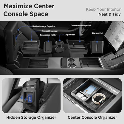 8PCS Center Console Organizer for Tesla Model Y Juniper Accessories 2026 2025 & for Tesla Model 3 Accessories 2024-2026 [Slide Smoothly & US Patent] Charging Pad Sunglasses Cup Holder Black