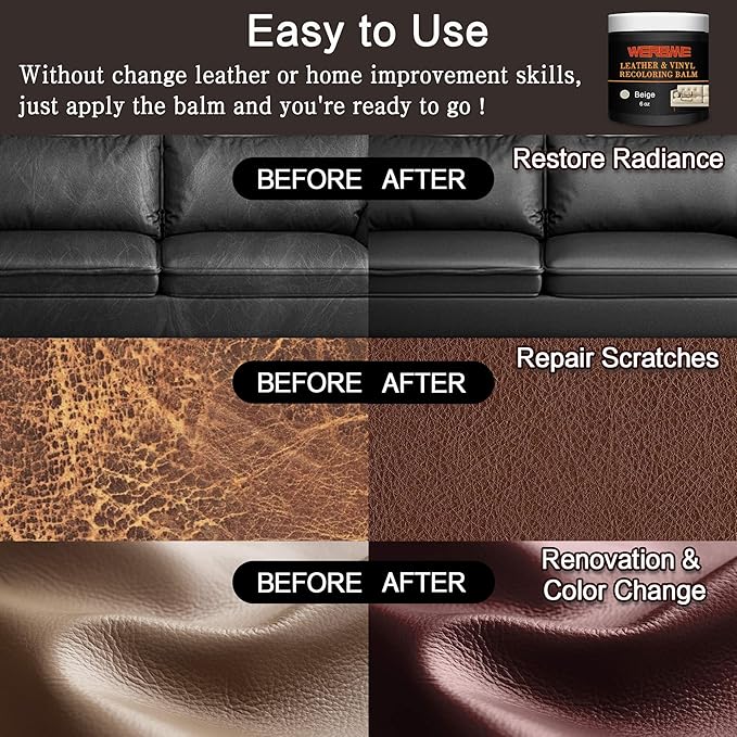 Leather Recoloring Balm - Leather & Vinyl Repair Balm for Furniture, Couches,Car Seats, Auto Interior & Accessories, Restores Faded, Worn, Scratched and Cracked Leather Surfaces (Beige)