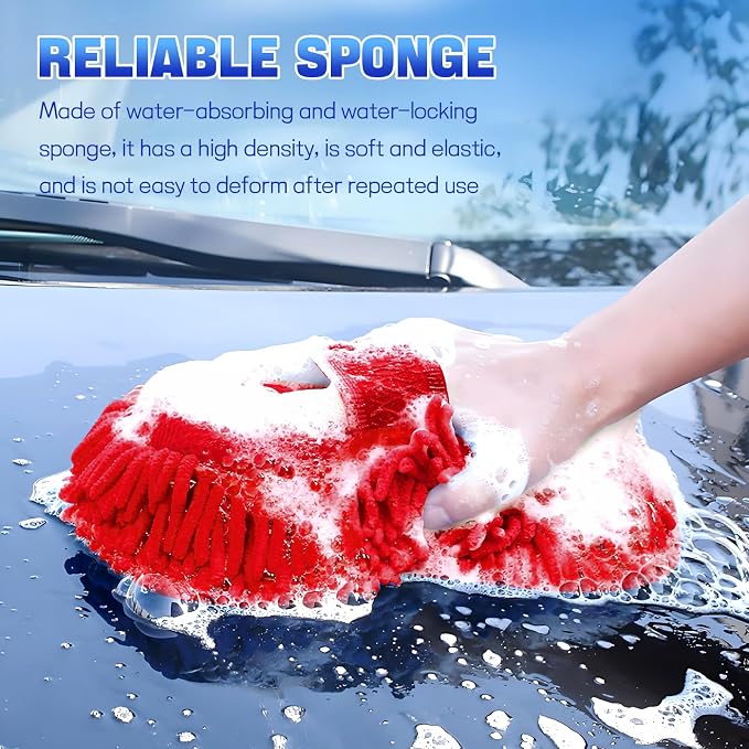 2PCS Microfiber Car Wash Sponge, Double Sided Chenille Microfiber Car Wash Mitt, Scratch Free & Lint Free, Absorbent Automotive Washing Sponges, Auto Cleaning Supplies (Red)
