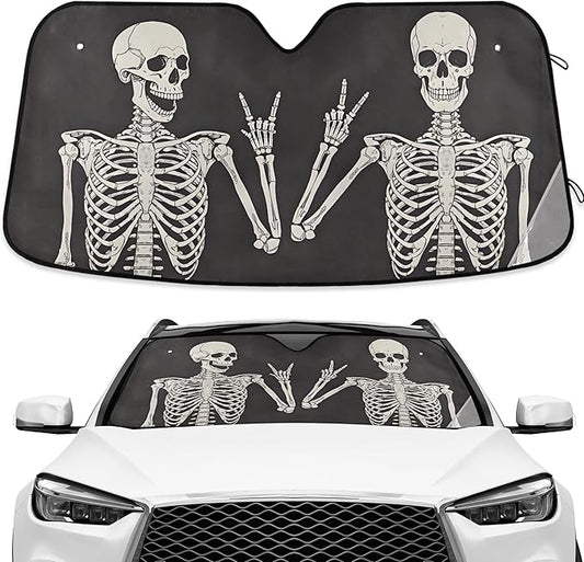 Funny Skull Car Windshield Sunshade - Skeleton Car Shade Skull Sun Shade Black Blocks UV Rays Visor Protector Accordion Folding Sun Reflector Auto Sunshade for Truck SUV to Keep Your Vehicle Cool