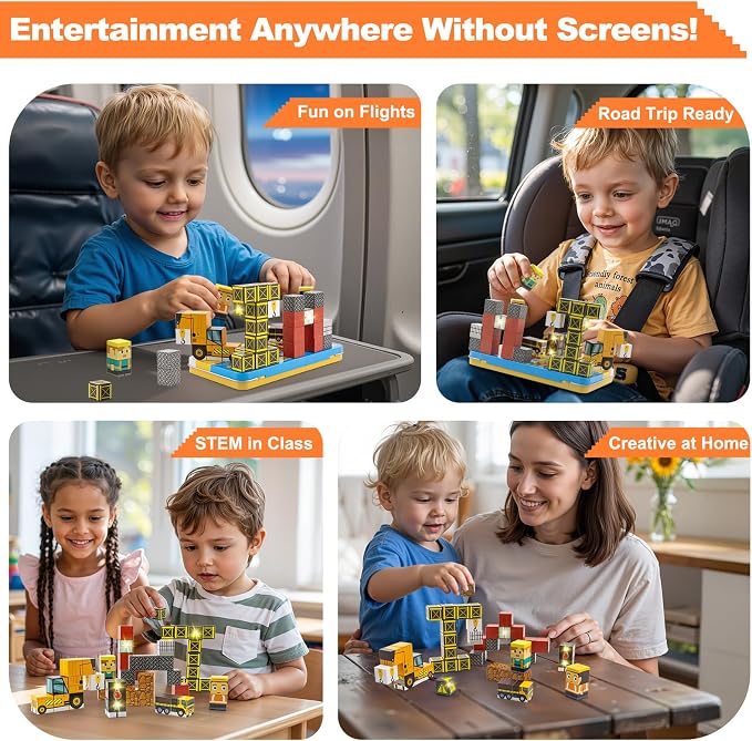 Aywewii Travel Magnetic Blocks 45 PCS Travel Toys for Kids Ages 3-5, Magnet Building Cubes STEM Learning Set with Iron Case - Portable Building Toys for Boys and Girls (Construction Edition 1)