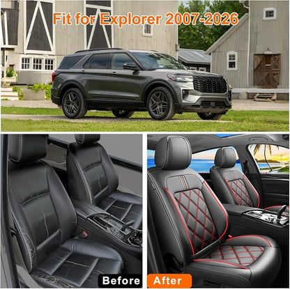 Explorer Seat Covers Custom Fit for Ford Explorer 2004-2026, Full Coverage Leather Waterproof Breathable Seat Covers Full Set Automotive Seat Protectors, Airbag Compatible(5 Seats, Red & Black)
