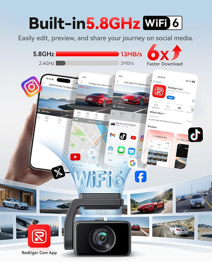 REDTIGER F4 Pro 4K Mini Dash Cam Front and Rear, STARVIS 2 Night Vision, 128GB Card Included, 5.8GHz WiFi 6 Instant Export, 2.2" Touch Screen Dash Camera for Cars, Voice Control, 24H Parking Mode
