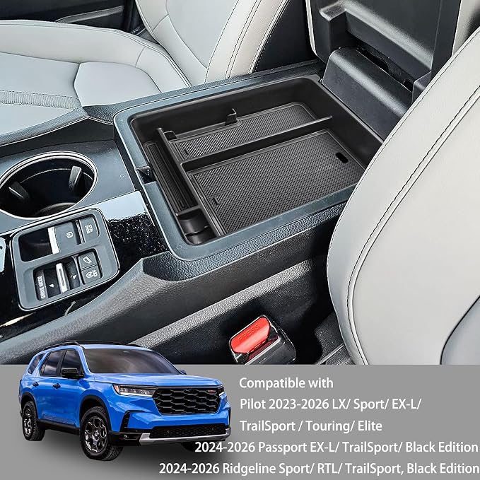 HGWEI Center Console Organizer Compatible with Honda Pilot 2023 2024 2025 2026 and Ridgeline/Passport 2024 2025 2026 Interior Accessories Insert Armrest Storage Box Tray, Black