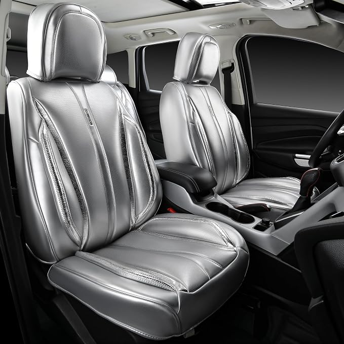 CAR PASS Ultra+ Nappa Leather Car Seat Covers Full Set Universal Cushioned, Soft Breathable Waterproof Anti-Slip Driver Seats and Backrest for SUV Pick-up Truck Sedan, 5 Seats Margiela Solid Silver