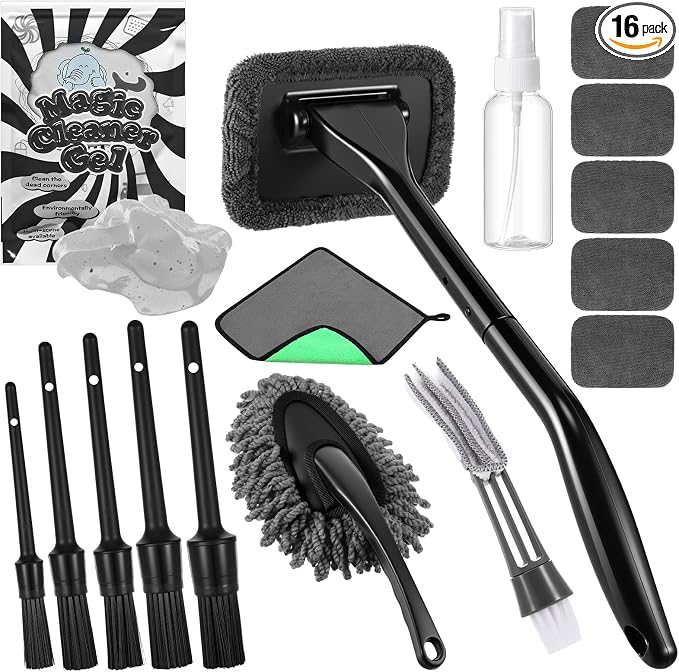 16 Pcs Windshield Cleaner Tool, Car Cleaning Kit with Various Detailing Brushes Set Spray Bottle Cleaner Towel Cleaning Gel Accessories Car Interior Detailing Kit for Windows Vents(Gray)