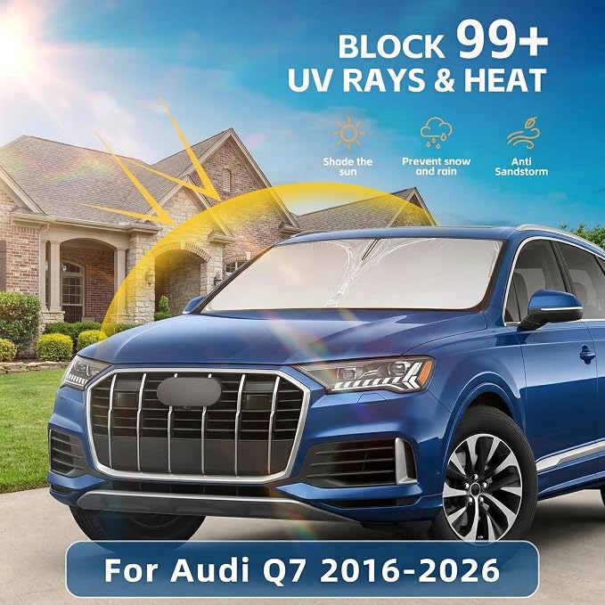 Windshield Sun Shade for Audi Q7 2016-2026 Sunshade Front Window Shade Custom Fit Q7 Accessories Sun Visor Foldable Shade Blocks UV Rays Accessories